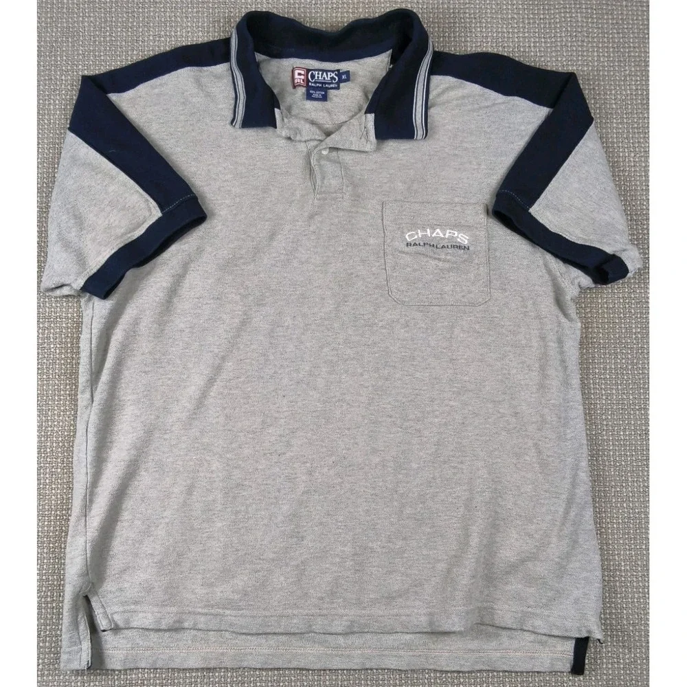 Vintage Chaps Ralph Lauren Polo Shirt Grey Navy Trim Size XL Chest Pocket